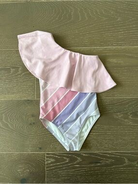 Saint Ida Girls' Pink Pastel Stripe One-Shoulder Ruffle Swimsuit